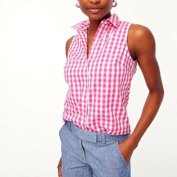 J. Crew Tops - J. Crew NWT Pink and White Gingham Sleeveless Button-Up Shirt